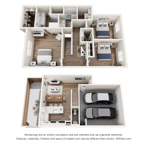 A 3D floor plan of a house with two bedrooms, a living room, a kitchen, and a garage.