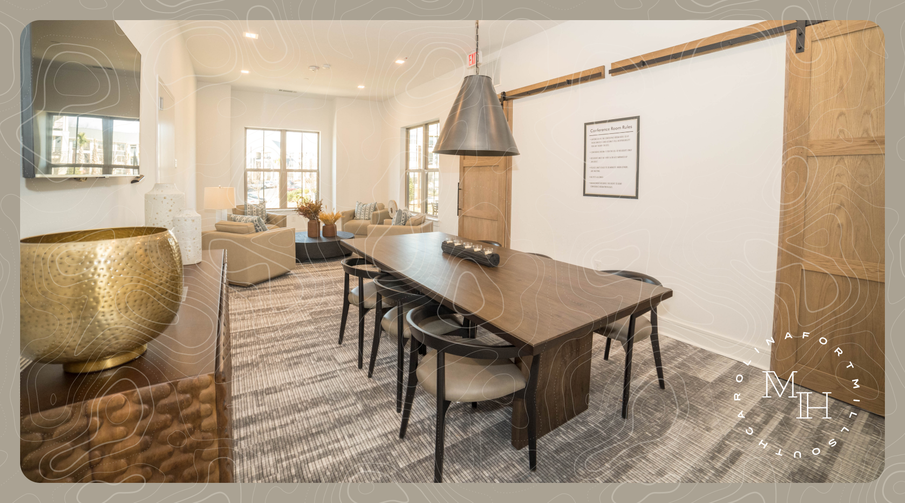 Modern resident lounge at The Mill House apartments in Fort Mill SC close to York County amenities.