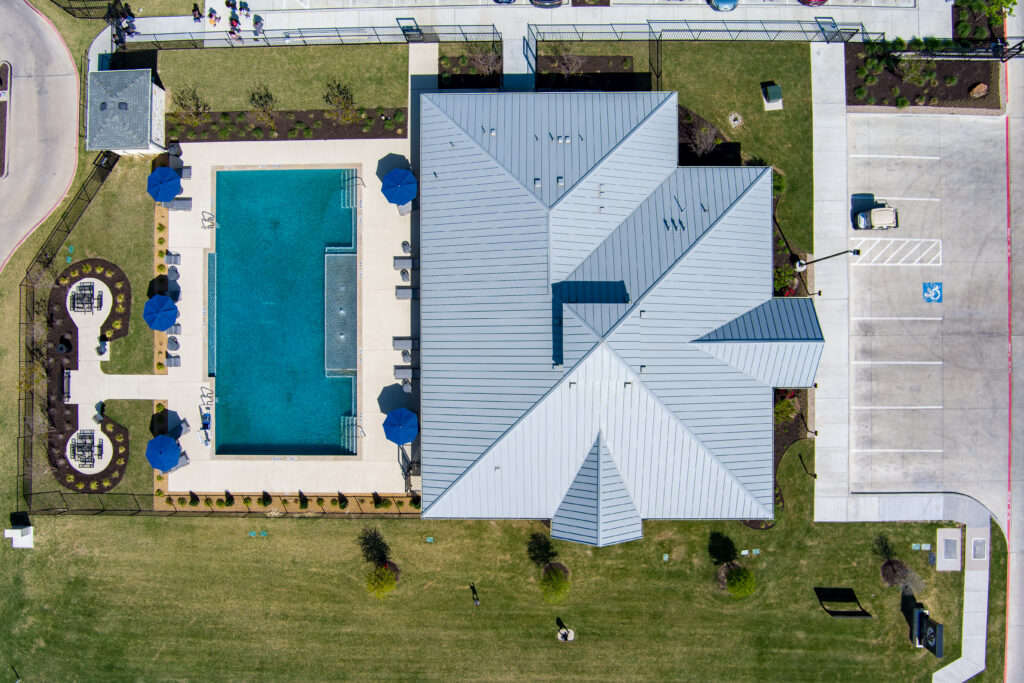 Aerial view of the sparkling pool at Sansom Bluff Apartments.