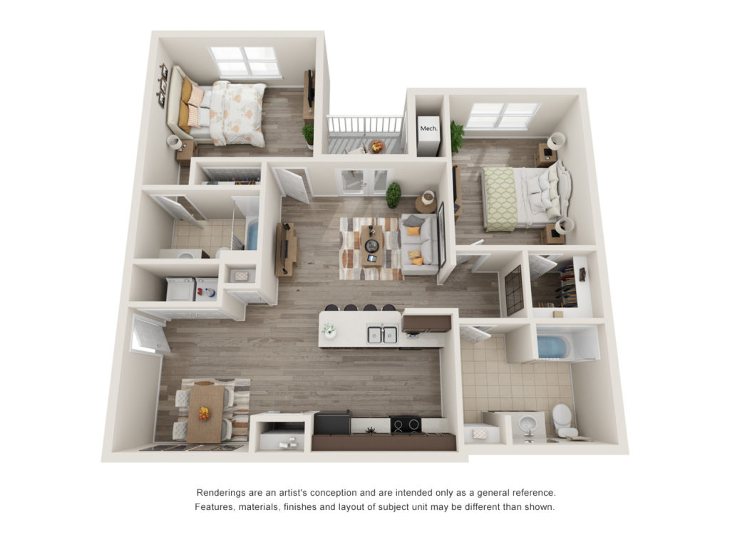 A two bedroom, two bathroom floor plan at Sansom Bluff Apartments in Fort Worth, TX.
