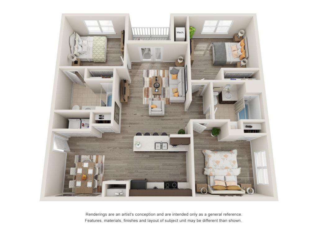 A three bedroom, two bathroom floor plan at Sansom Bluff Apartments.