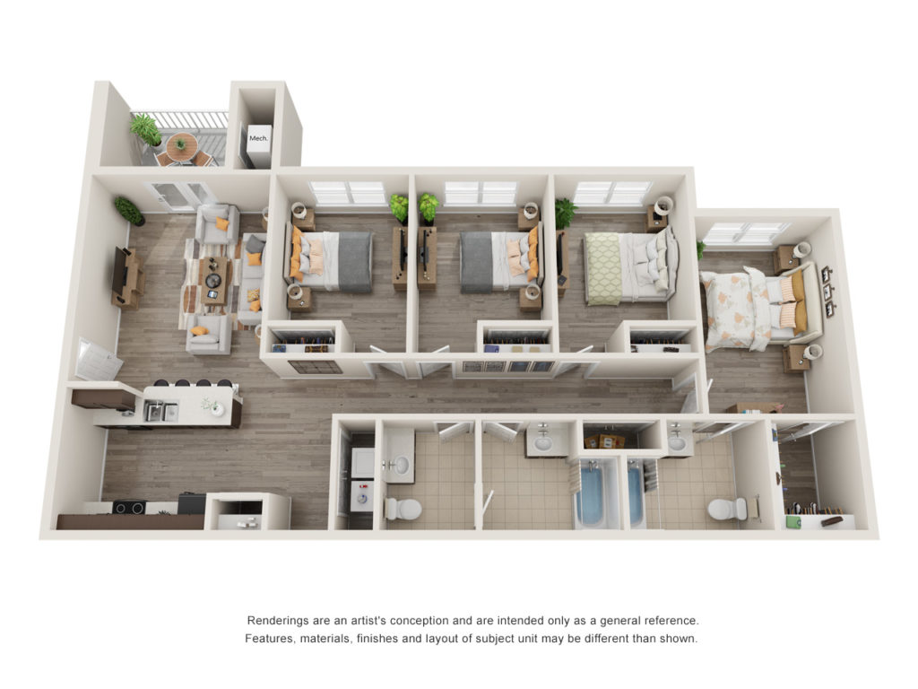 A four bedroom, three bathroom floor plan at Sansom Bluff Apartments.