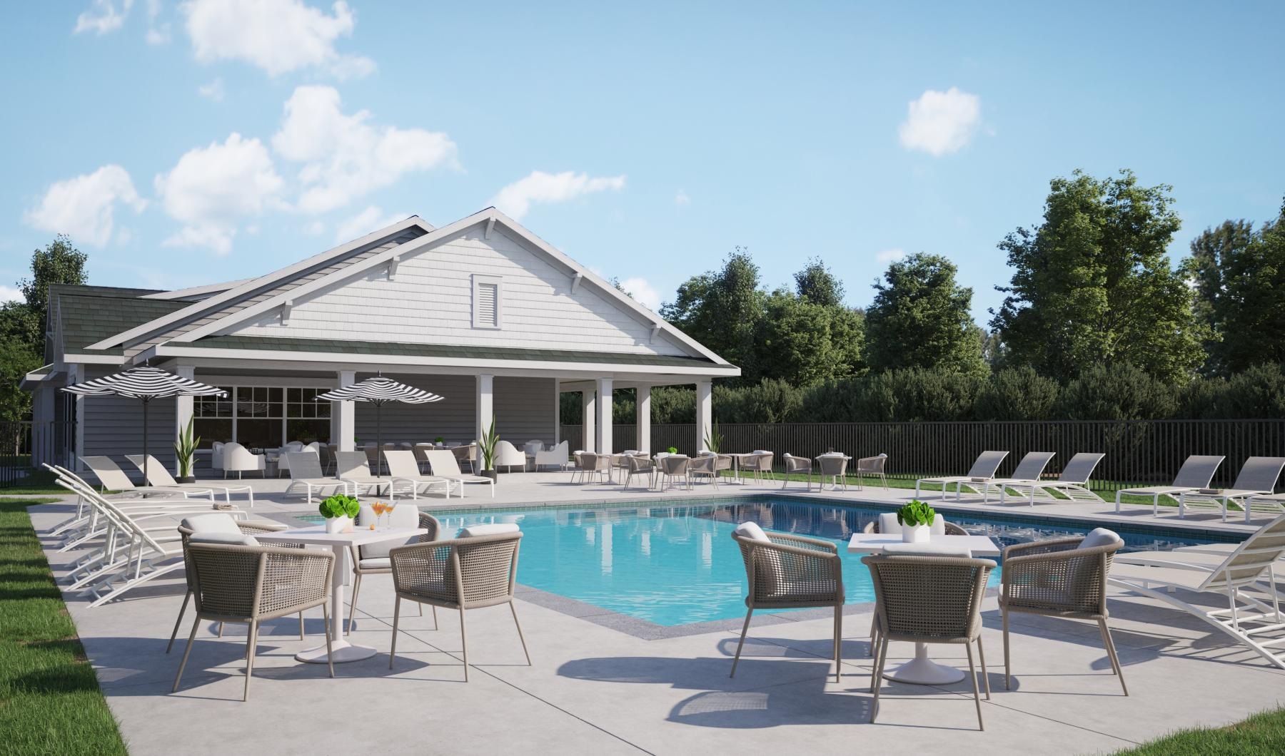 a pool with chairs around it