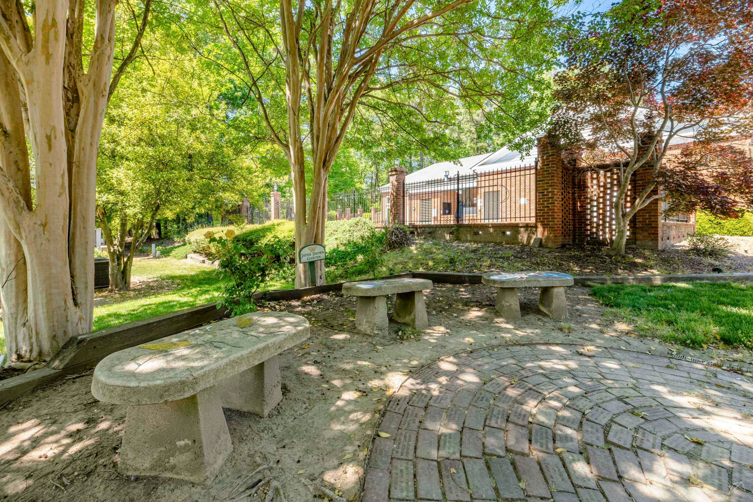 Serene outdoor area featuring stone-inspired benches surrounded by lush greenery.