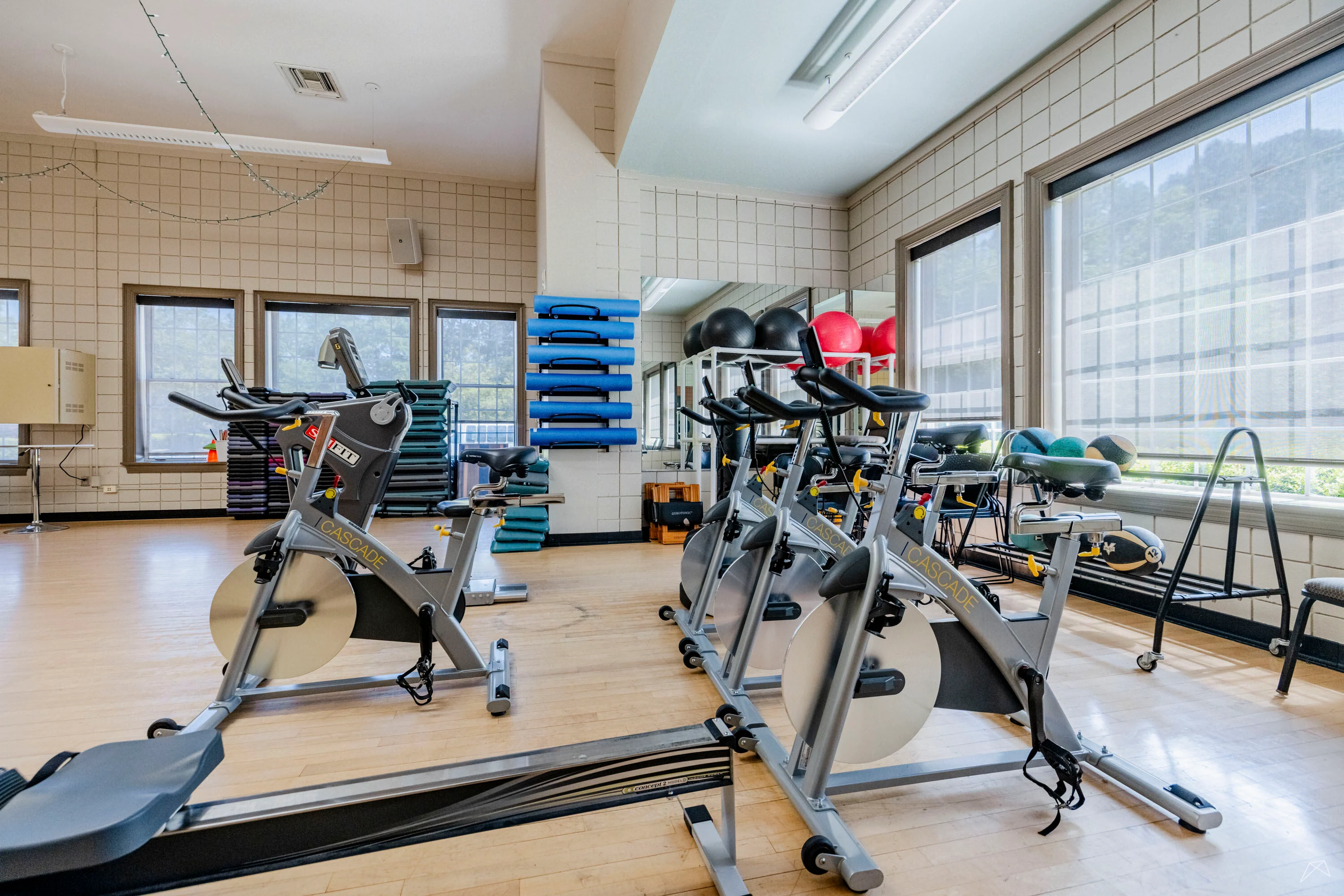Bright and spacious gym featuring exercise bikes, weights, and large windows for natural light.