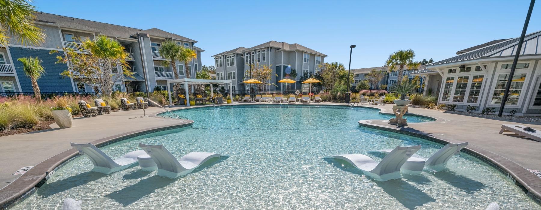 a pool with a fountain in it