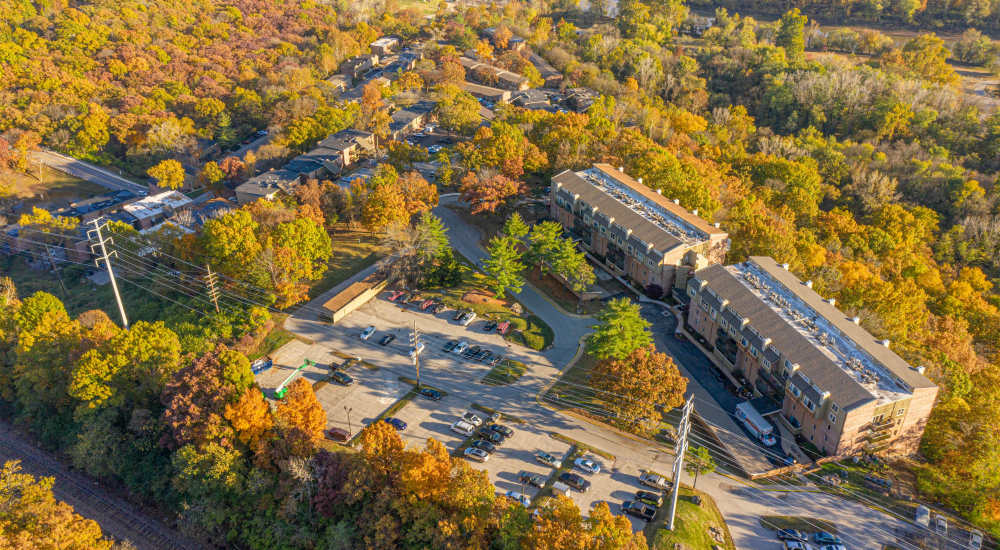 Aerial view of community at Kirkwood Bluffs in Saint Louis, Missouri
