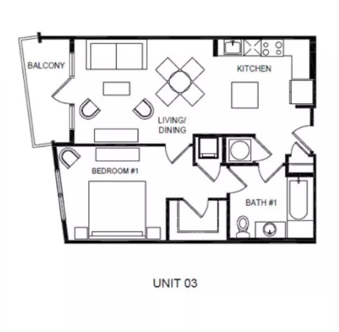 Floor plan for Residence 03, a one-bedroom home
