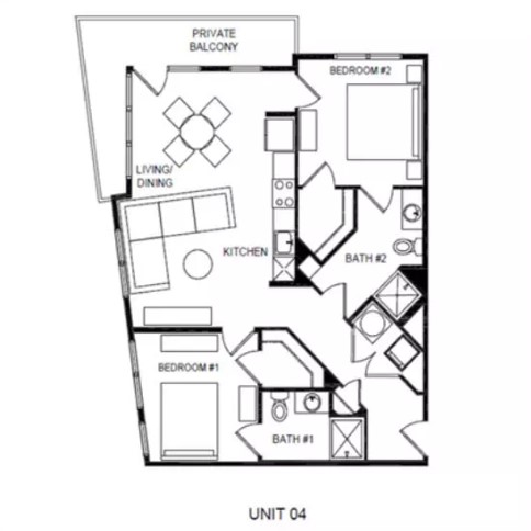 Floor plan for Residence 04, a two-bedroom, two-bath home