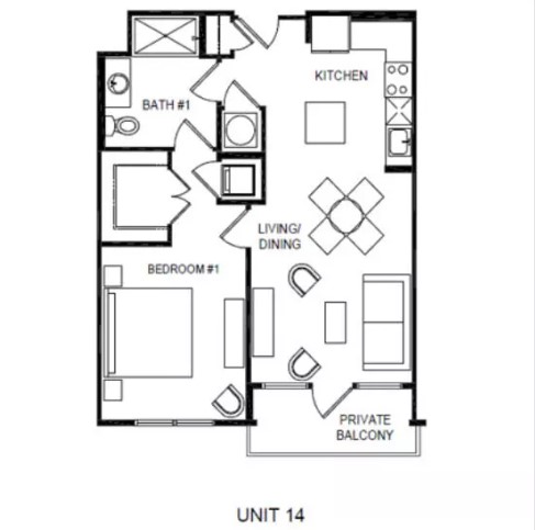 Floor plan for Residence 14, a one-bedroom home