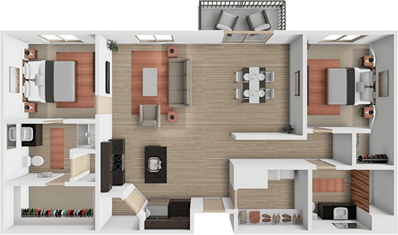 Floor Plan  A 3D rendered image of a modern apartment layout.