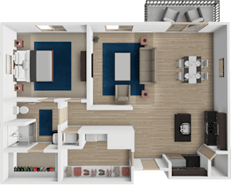 A 3D floor plan of a house with a kitchen, living room, and two bedrooms.