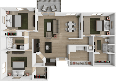 A 3D floor plan of a house with various rooms and furniture.