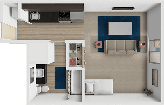 A modern living room with a white sofa and a television.