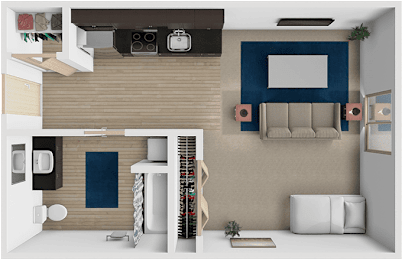 A top down view of a modern living room with a couch, a TV, and a plant.