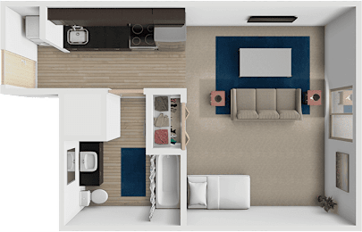A modern living room with a white sofa and a television.