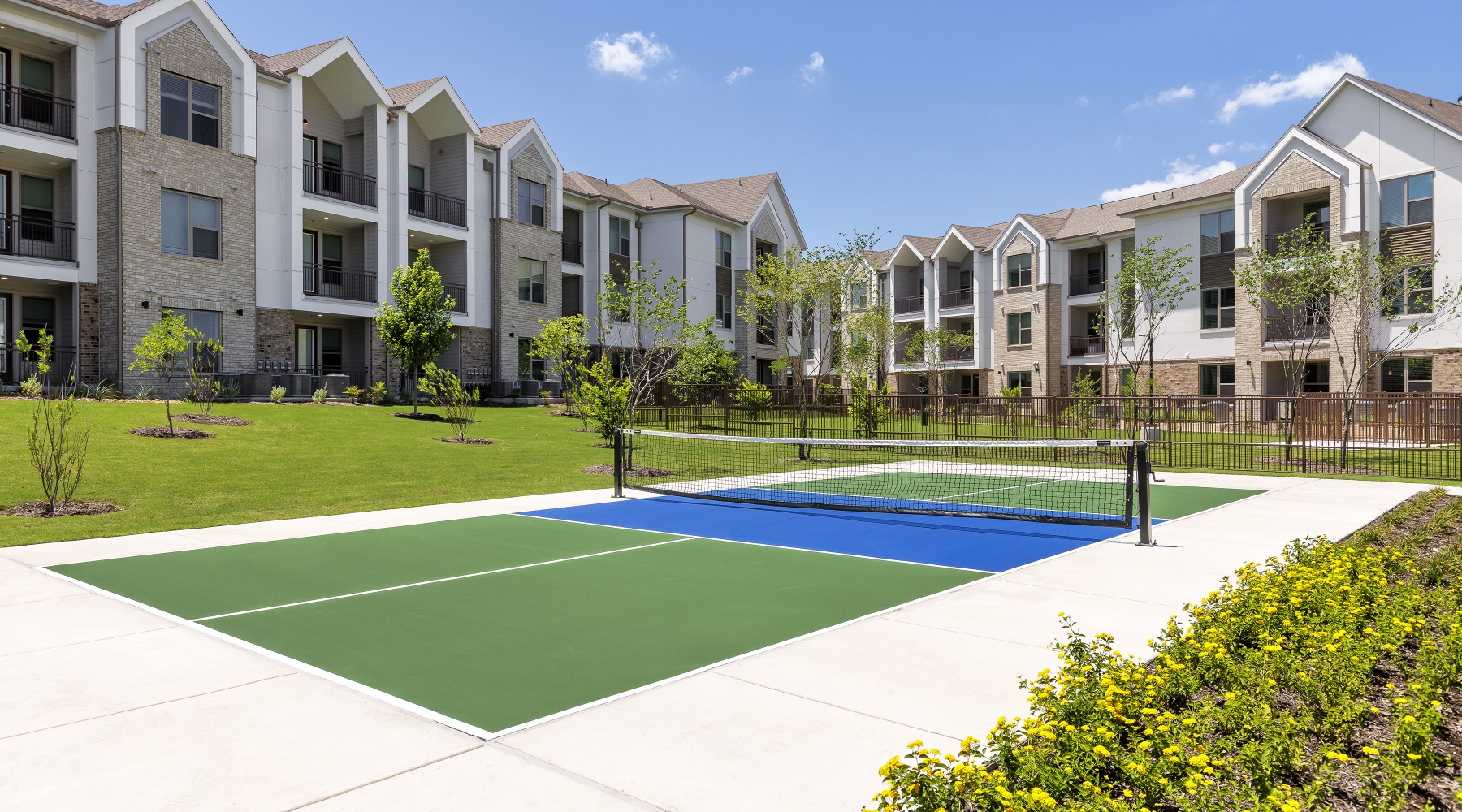 Pickleball court surrounded by grass and flower at The Bower Pflugerville, Texas apartments.