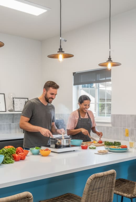 Four people are cooking and eating in a modern kitchen.