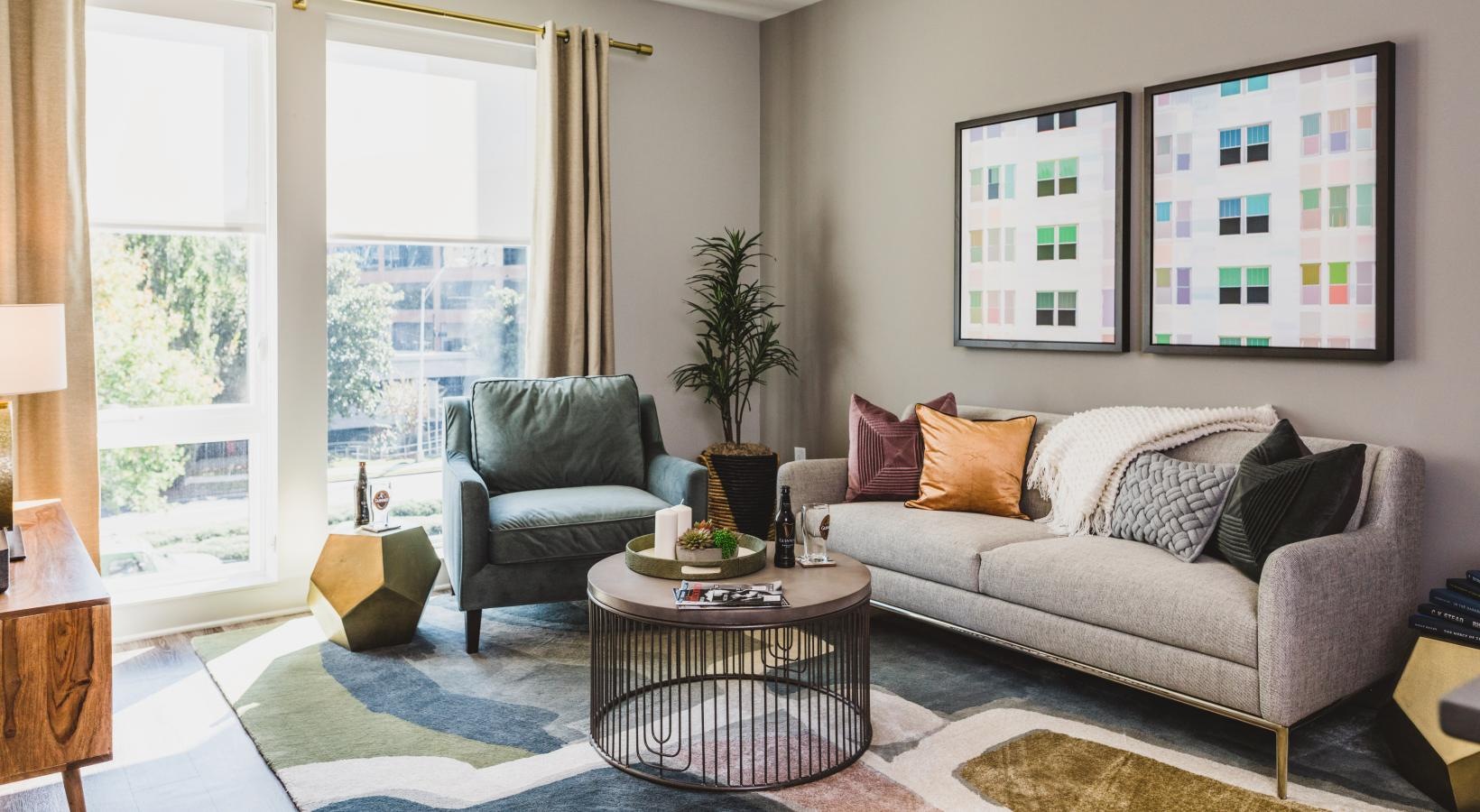 a living room with a large window