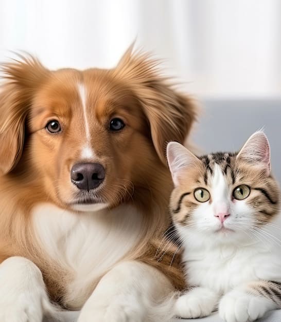 a dog and a cat laying on a couch at The Chase Apartment Homes, Oakland, 94606