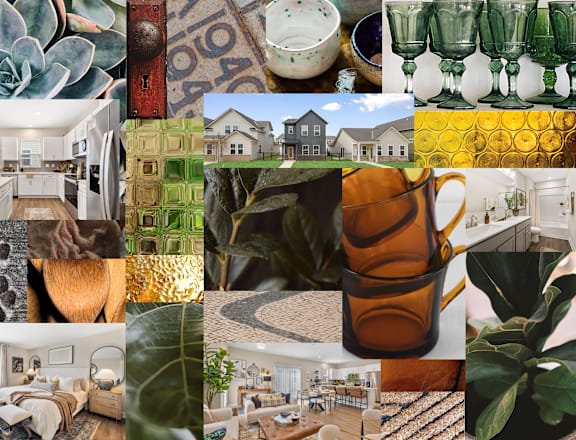 A collage of various images including plants, glassware, and interior spaces.