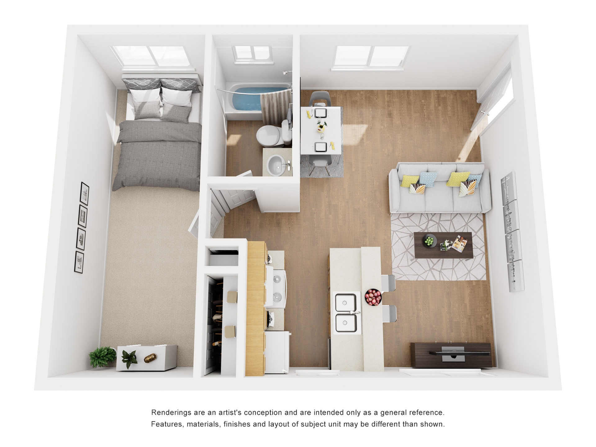 Bright 3D floor plan showcasing a single bedroom with ensuite bathroom, open kitchen, and stylish living area.