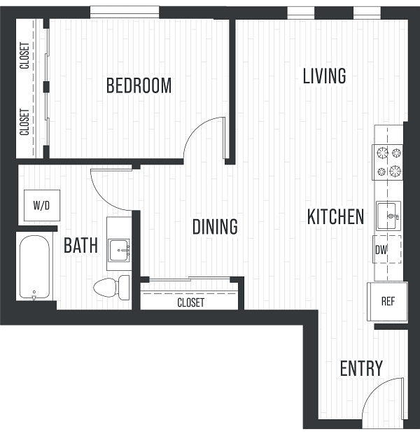 Floor plan 1H. A one bedroom, one bath at Verdant apartments in Shoreline.