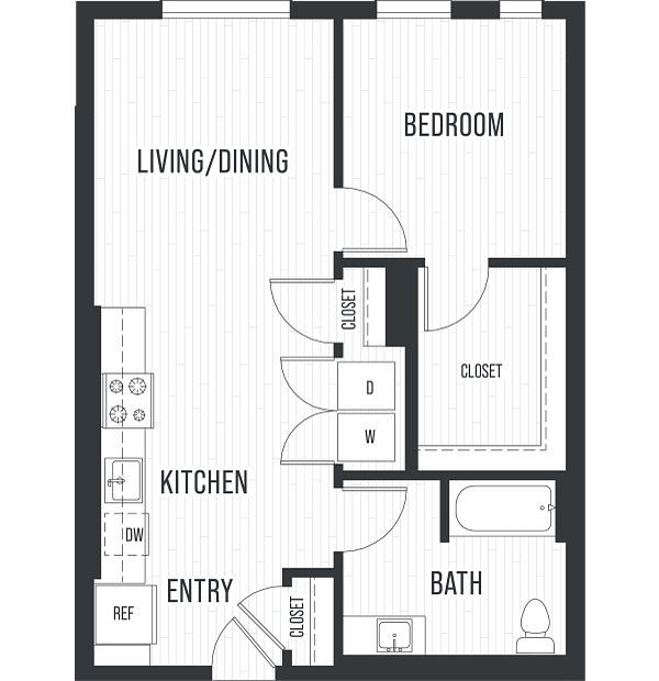 Floor plan 1E. A one bedroom, one bath at Verdant apartments in Shoreline.
