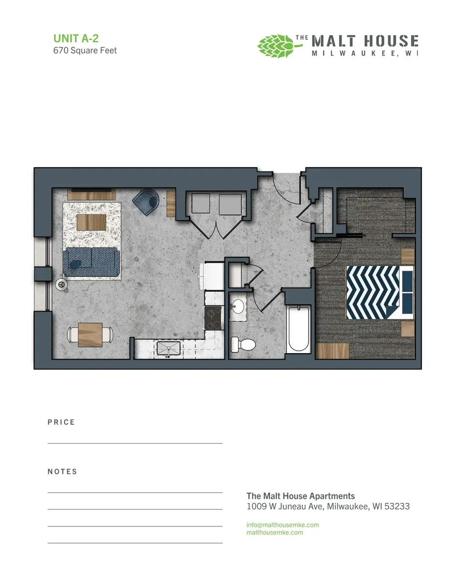 Floor plan of a 670 square feet apartment unit labeled as A-2, showing the layout of rooms including a kitchen, living area, bathroom, and bedroom.
