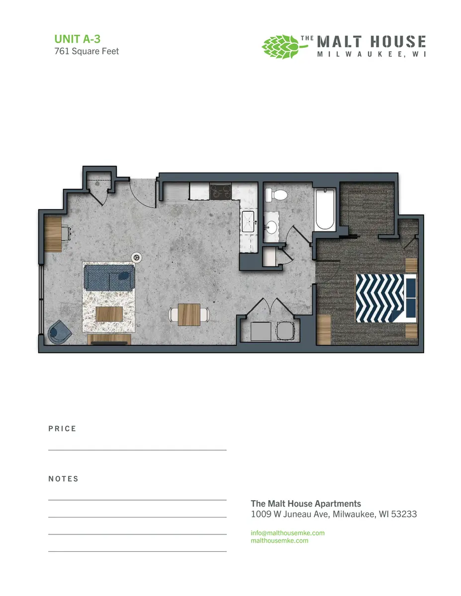 Floor plan of Unit A-3 at The Malt House in Milwaukee, WI, showing rooms and layout.
