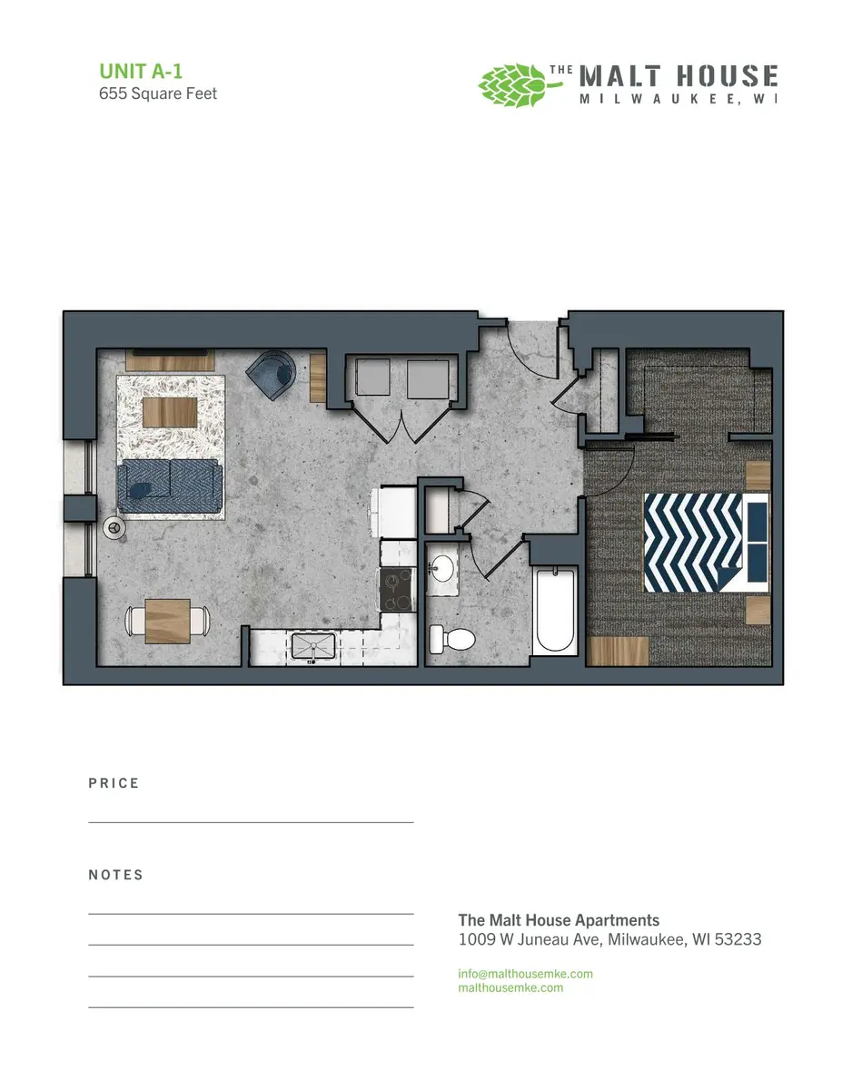 Floor plan of a one-bedroom apartment layout at The Malt House in Milwaukee, showing a living room, kitchen, bathroom, and bedroom measurements.