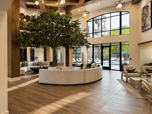 A large tree in a living room with a circular white couch.
