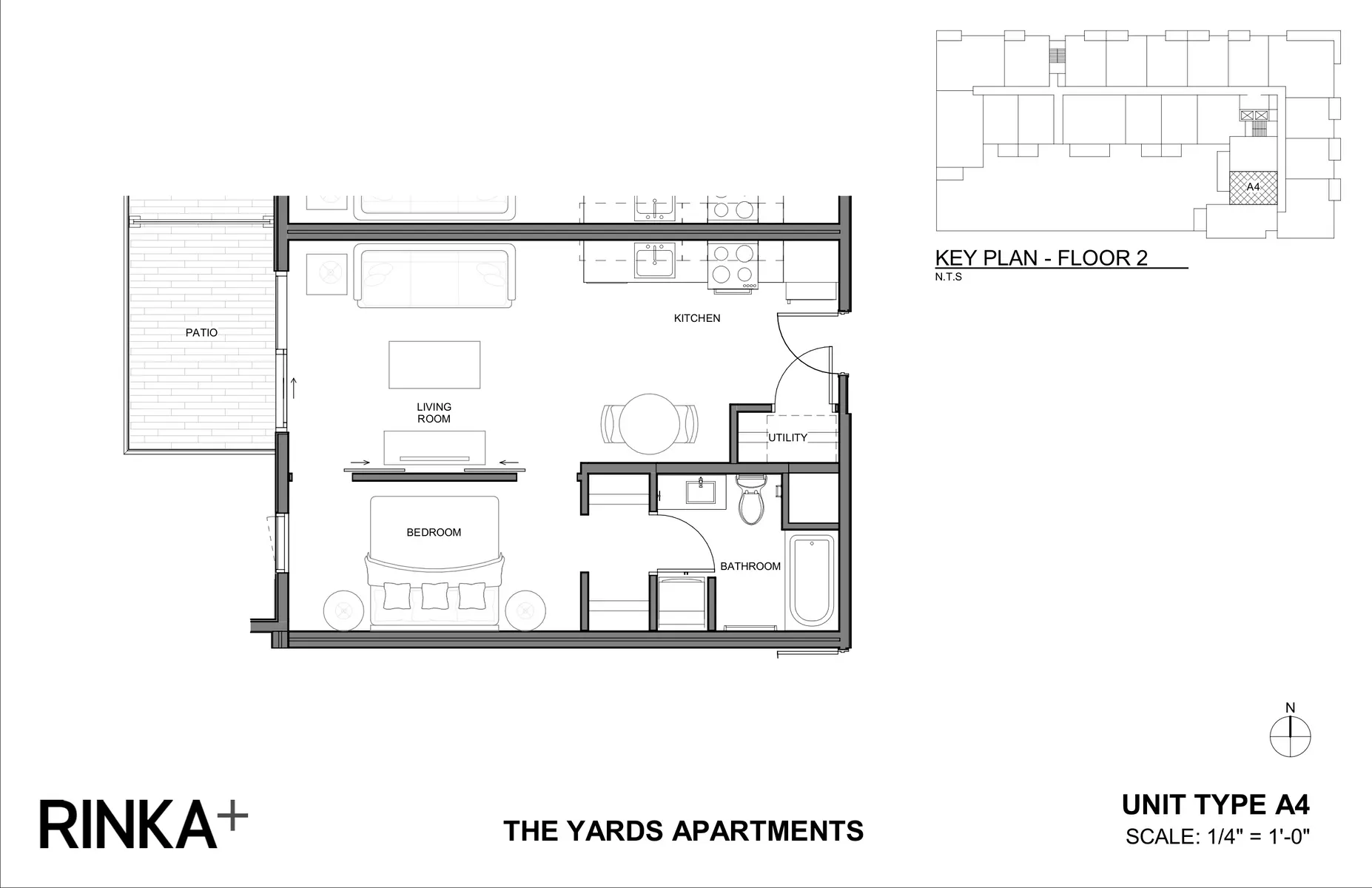 A floor plan of an apartment layout, showcasing various rooms including a living area, kitchen, bedroom, and bathroom, with a patio on the left side.