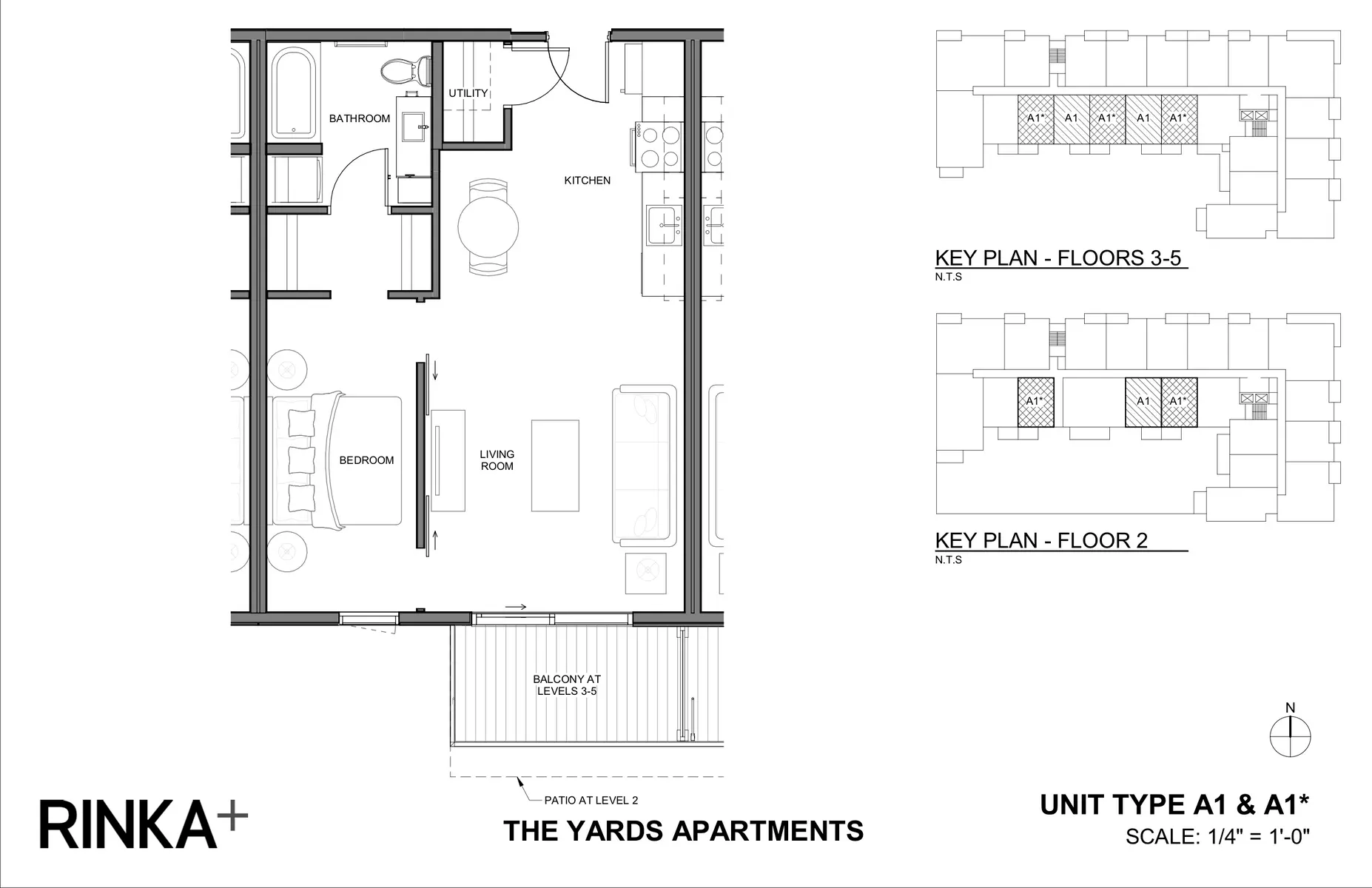 A floor plan of the Yards Apartments, unit type A1, showing a layout with marked rooms such as a kitchen, living room, bedroom, utility, and bathroom, along with scaled keys for different floors.