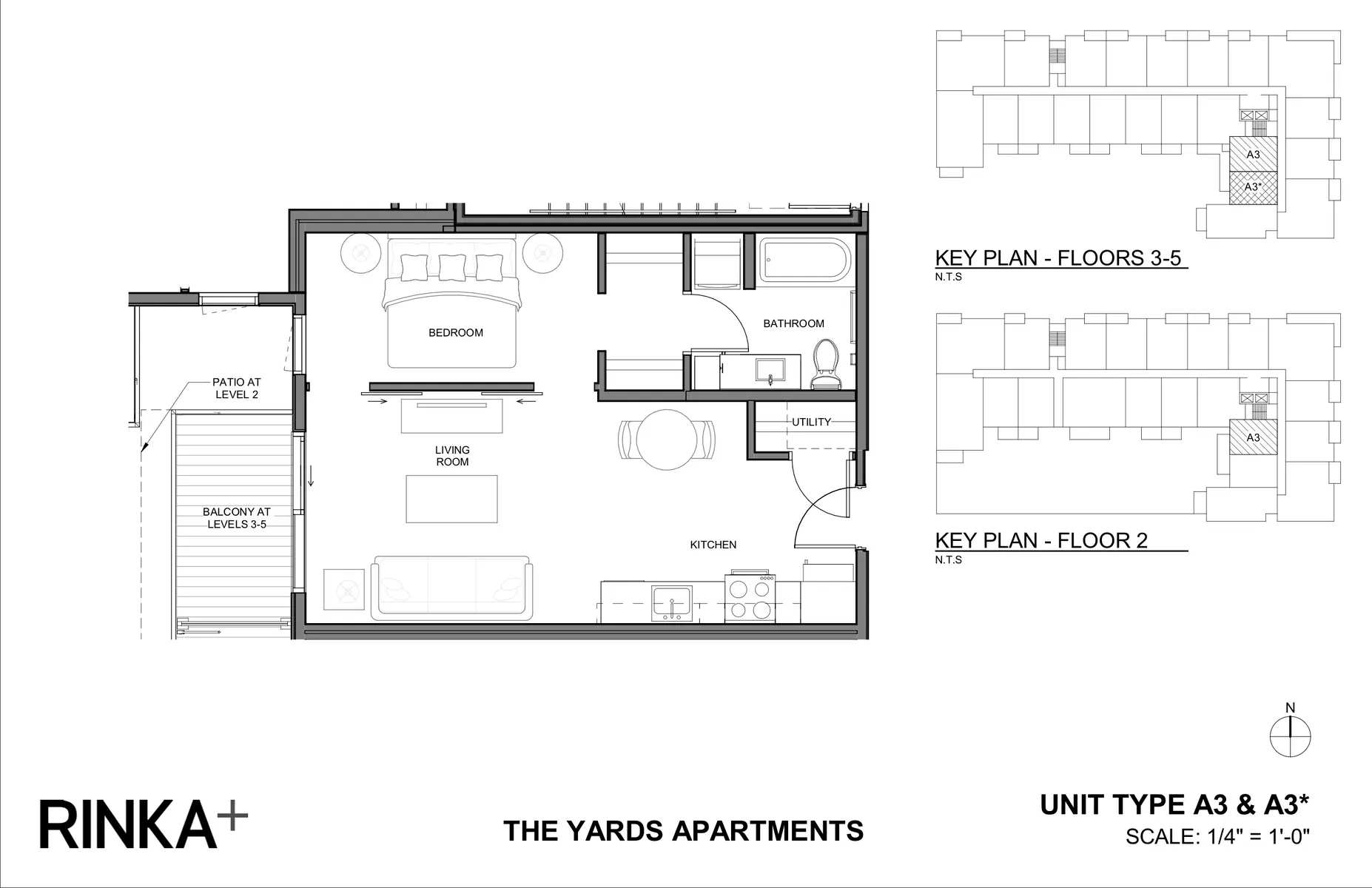 Architectural floor plan for The Yards Apartments, featuring a one-bedroom layout with a kitchen, living room, utility area, bathroom, and balcony.
