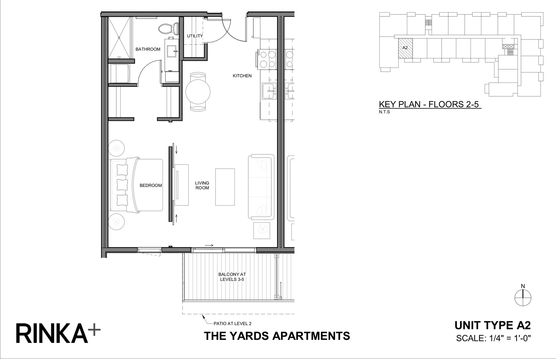 Floor plan layout of a one-bedroom apartment featuring a bedroom, bathroom, kitchen, living room, and balcony area.