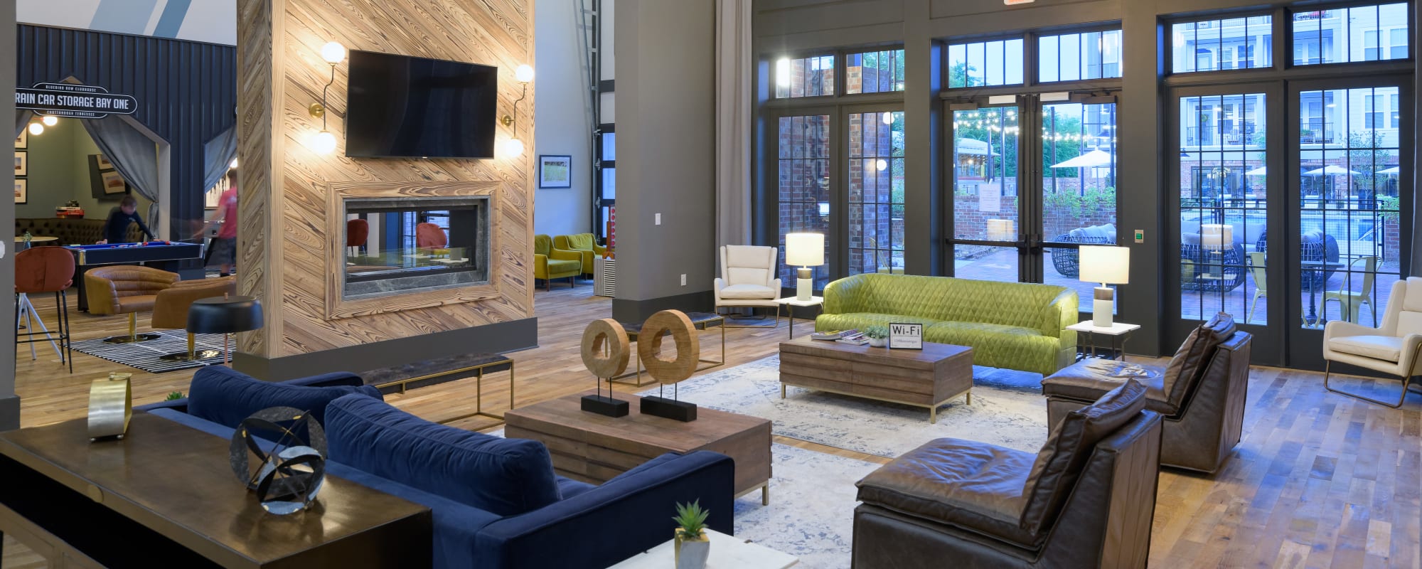 View of sitting area of club house at Mission Rock Residential in Denver, Colorado
