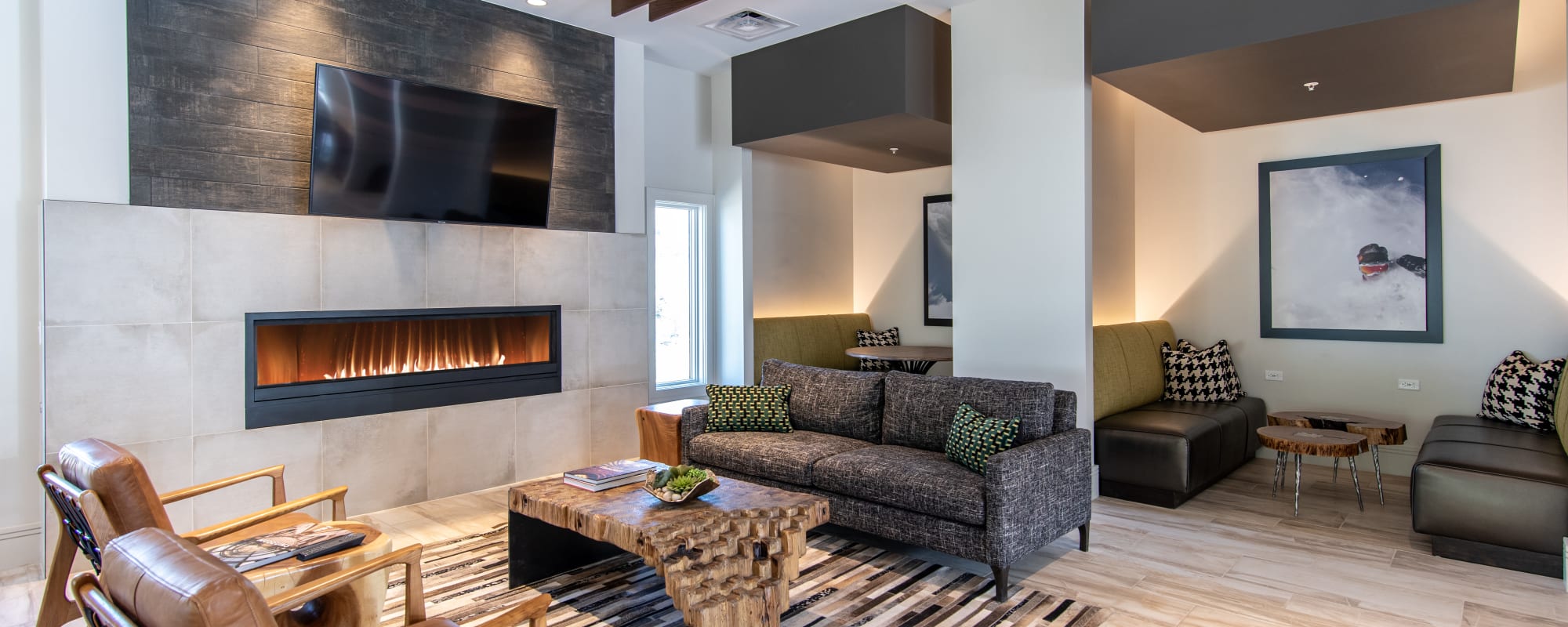 View of a fire place at Mission Rock Residential in Denver, Colorado