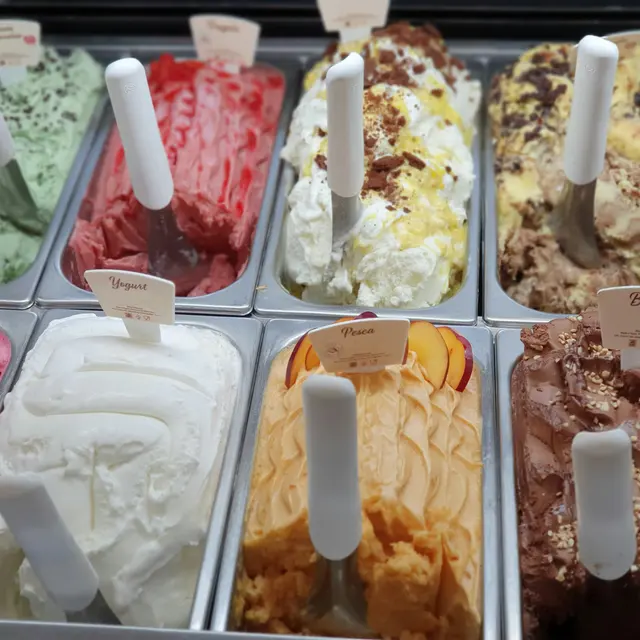 Variety of gelato flavors displayed in trays with tasting spoons and labels.