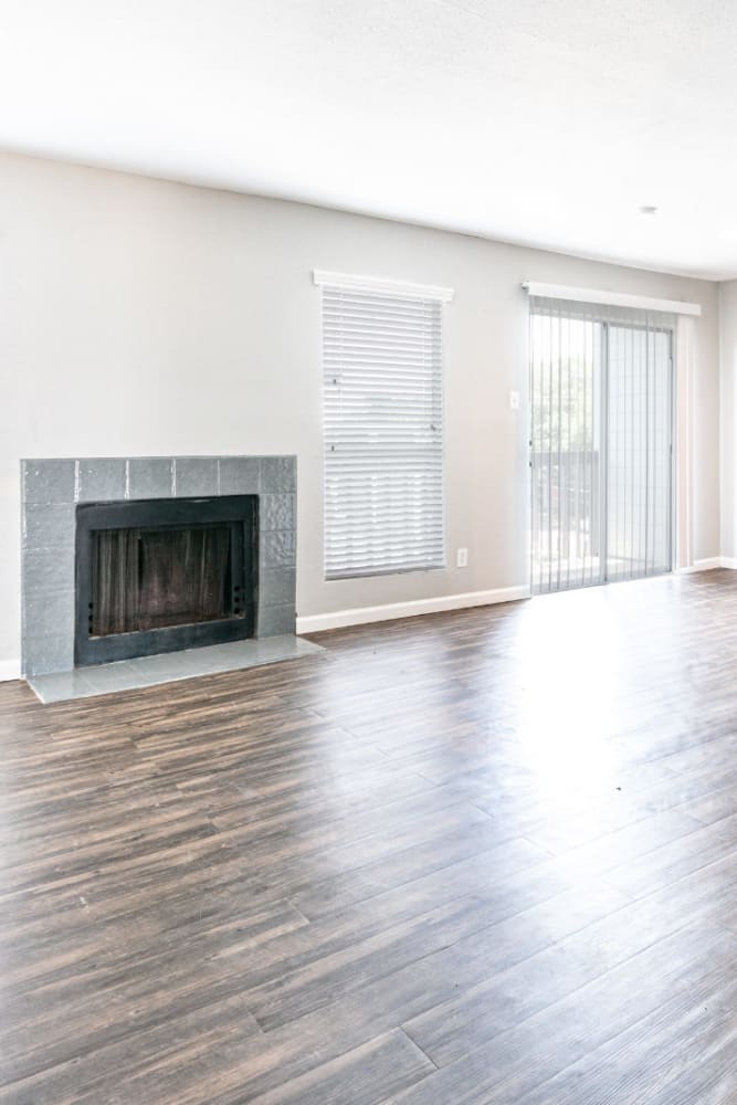 Fireplace in an apartment living room at The One at 5959 in Houston, Texas