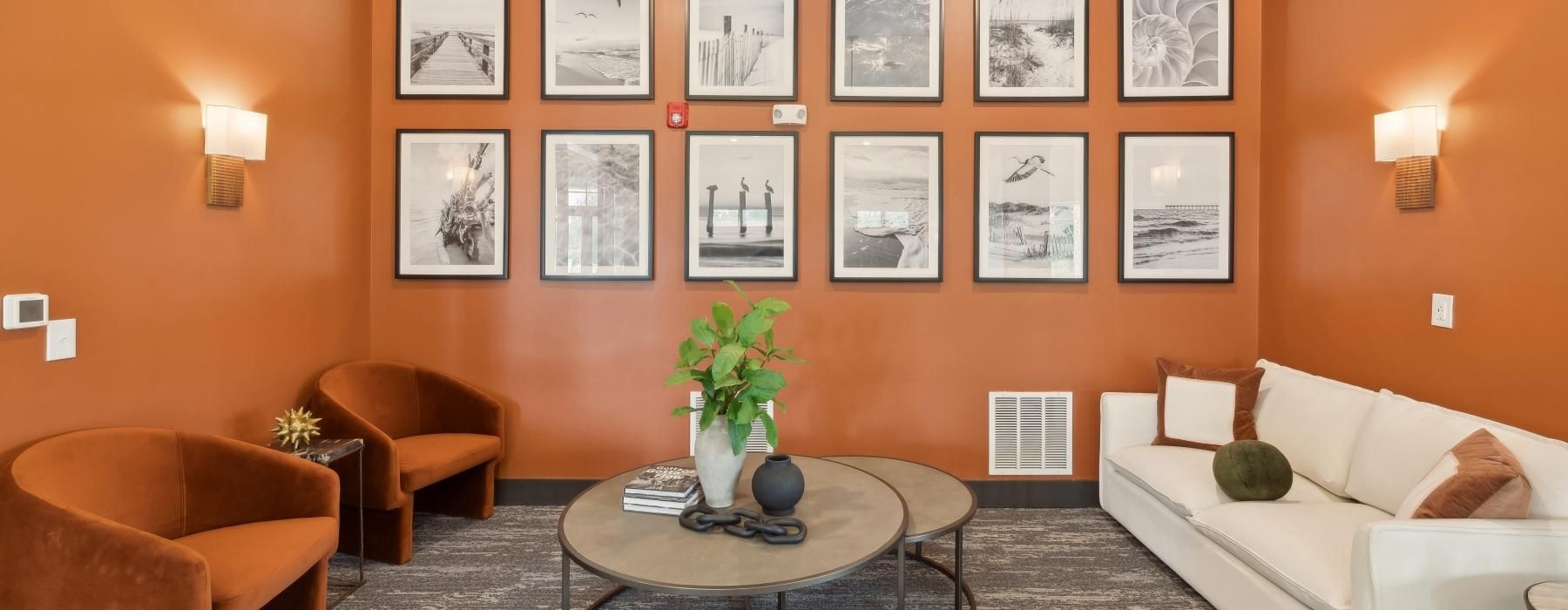 a spacious room with orange walls and with a couch and a coffee table