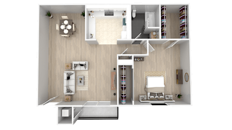 a rendering of a 1 bedroom floor plan with a bathroom and a living room