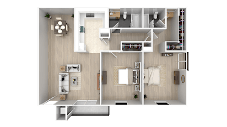 a bedroom with a bathroom and a living room