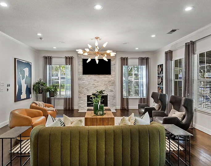 stylish leasing office with wood burning fireplace