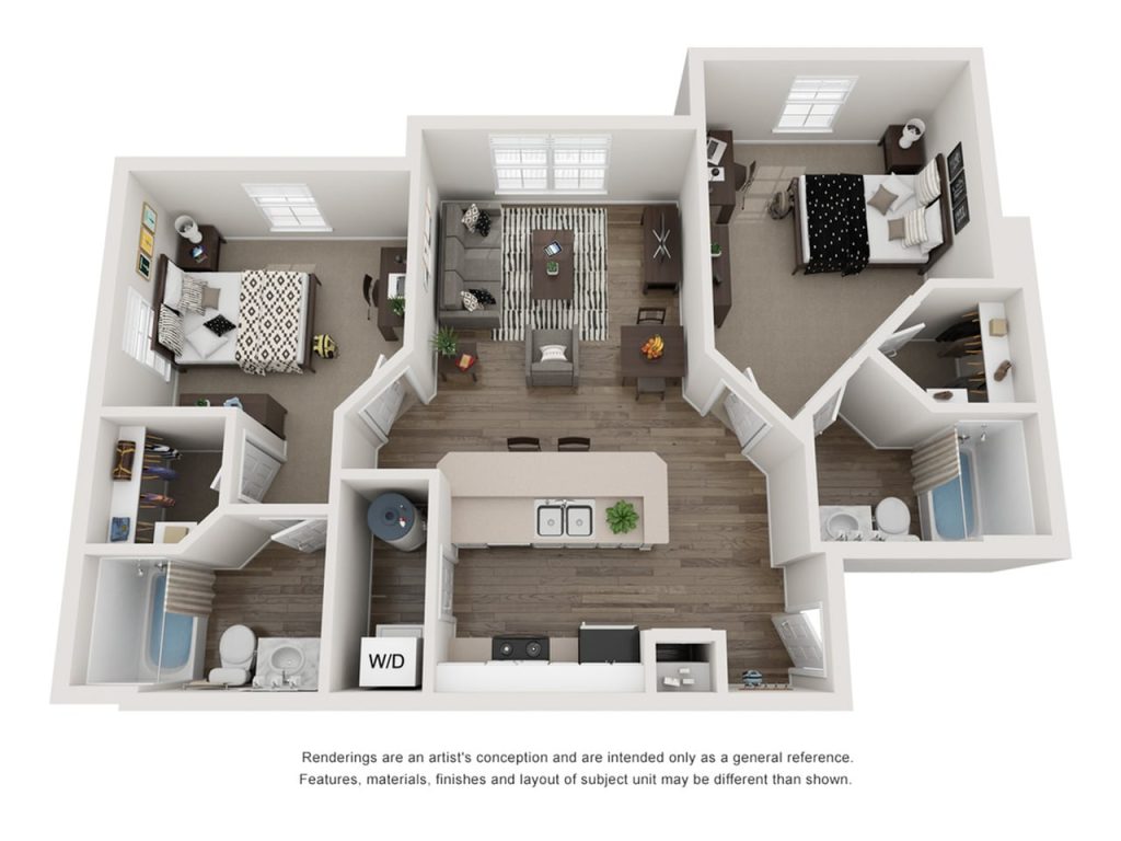 A 3D image of the 2BR/2BA – A1 floorplan, a 904 squarefoot, 2 bed / 2 bath unit