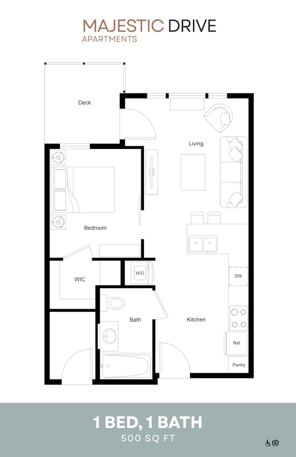 A floor plan for a 500 square foot apartment with one bedroom and one bathroom.