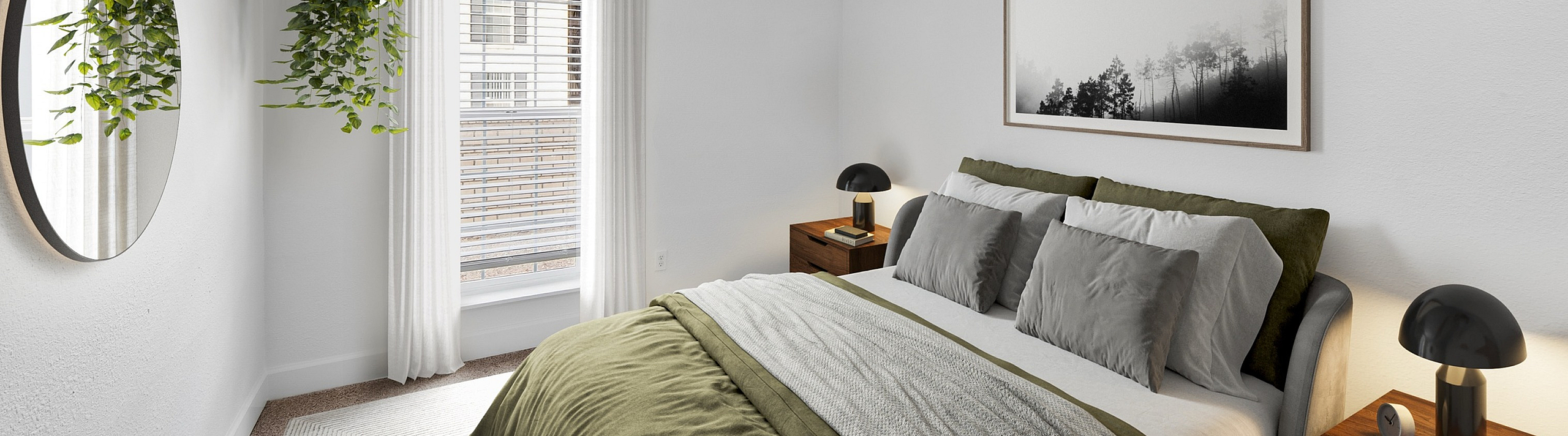 Inviting bedroom featuring a cozy bed with olive green bedding, complemented by elegant wall art, a modern side table, and a lush hanging plant.