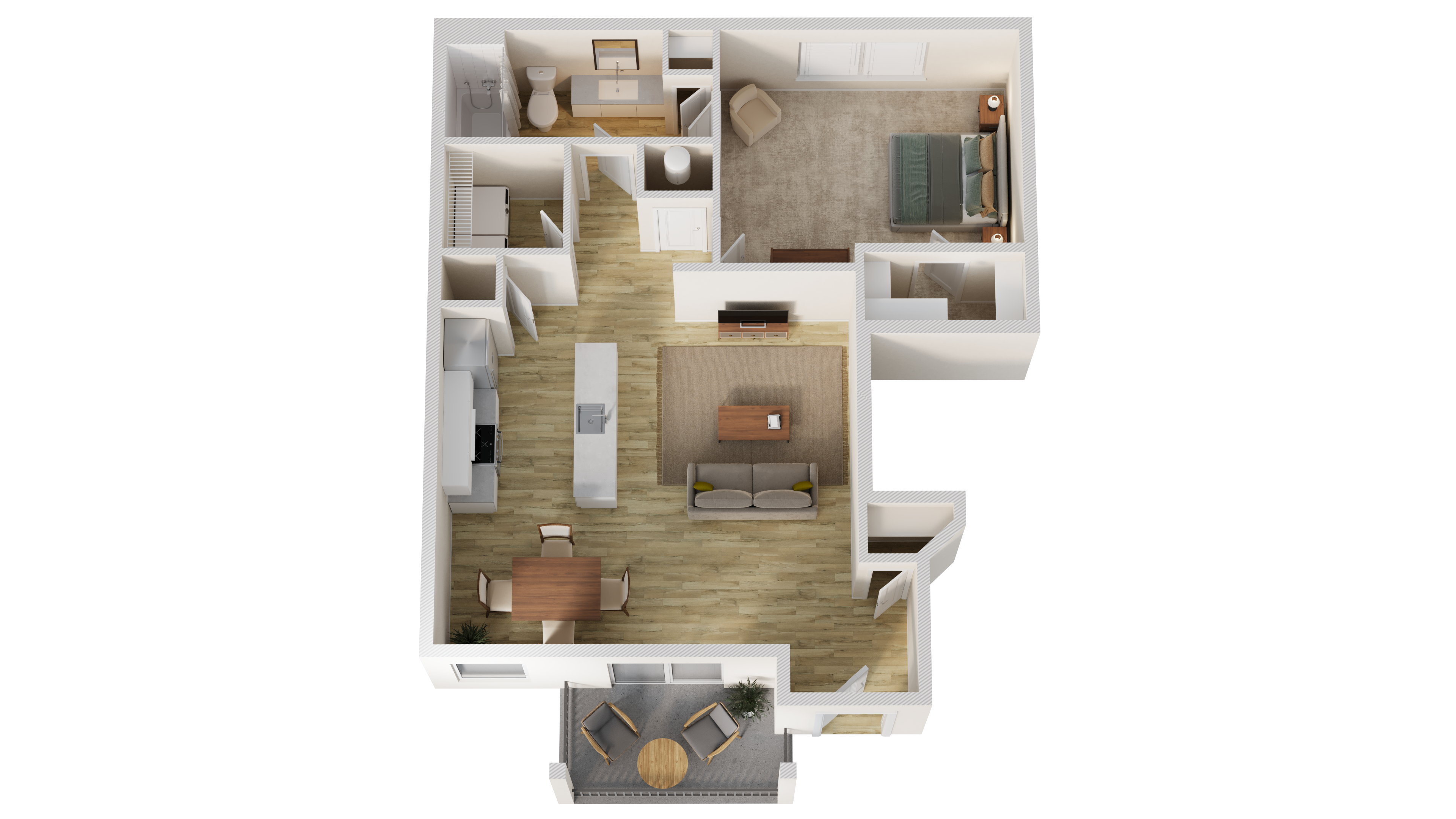 A 3D floor plan of a modern one-bedroom apartment. It features an open living and dining area, kitchen, bathroom, bedroom, and small balcony.