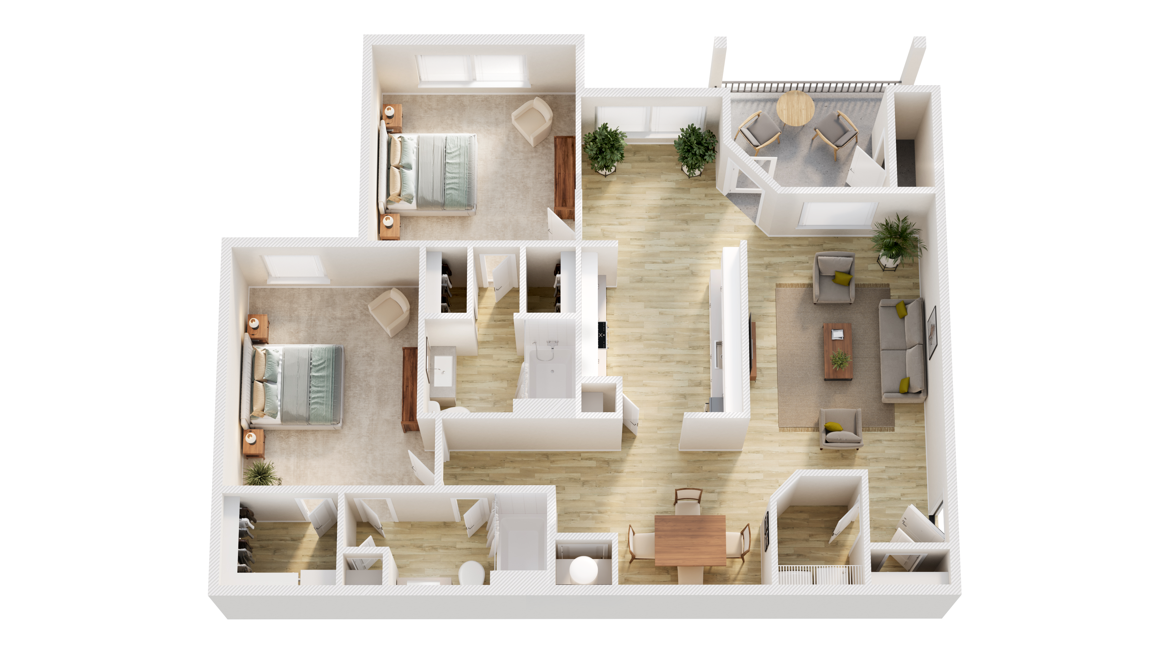 Floor plan of a cozy apartment featuring two bedrooms, a spacious living area with sofas, a dining table, a balcony, and a modern kitchen.