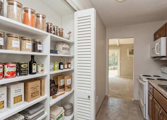 A kitchen pantry with white shelves and containers of food.
